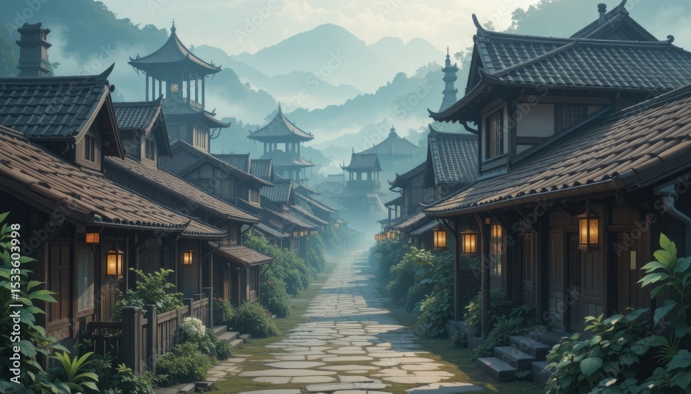 Naklejka premium Misty mountain village a serene asian street scene