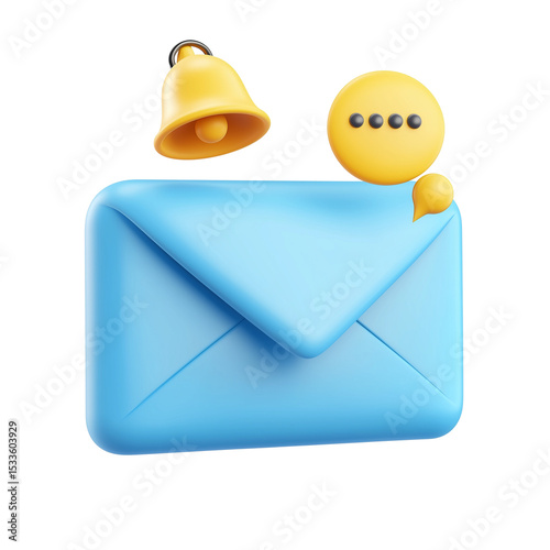 3D Blue Closed Envelope with Speech Bubble & Bell  on Transparent Background