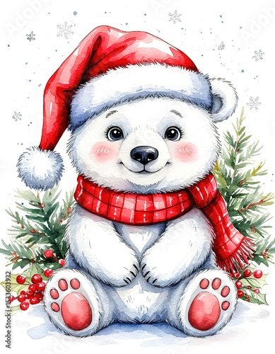 cute polar bear in santa hat. christmas new year card. watercolor illustration.