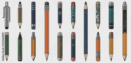 Collection of various pencils and pens illustration