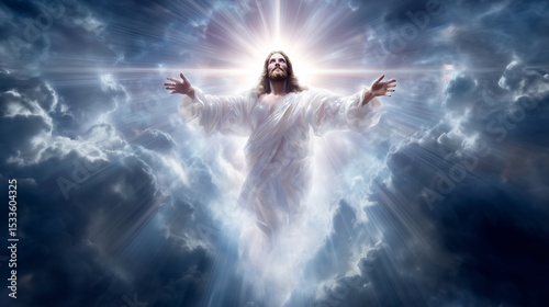 Heavenly scene of the resurrected Jesus Christ standing in the clouds with open arms, surrounded by radiant light, symbolizing love, faith, and salvation. A glowing cross shines in