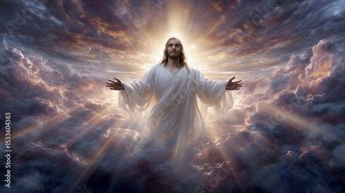Jesus Christ in brilliant white robes emerging from a glowing sky, arms open wide in welcome, with a golden cross in the clouds above. The scene represents heavenly love, eternal l
