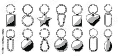 Collection of metal keychains with various shapes