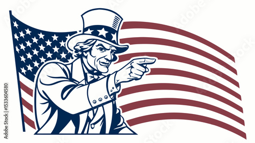 Uncle sam pointing with american flag waving in the background in a patriotic illustration style image