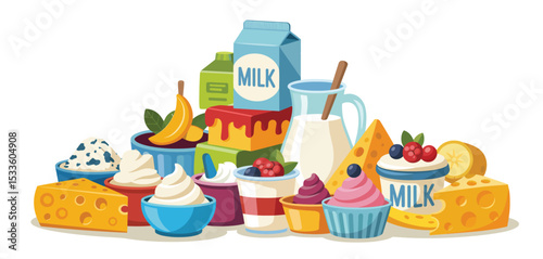 Assorted dairy products and fruits illustration