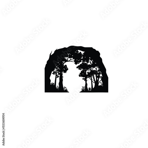 Silhouette of a dense forest seen through a cave opening on white background