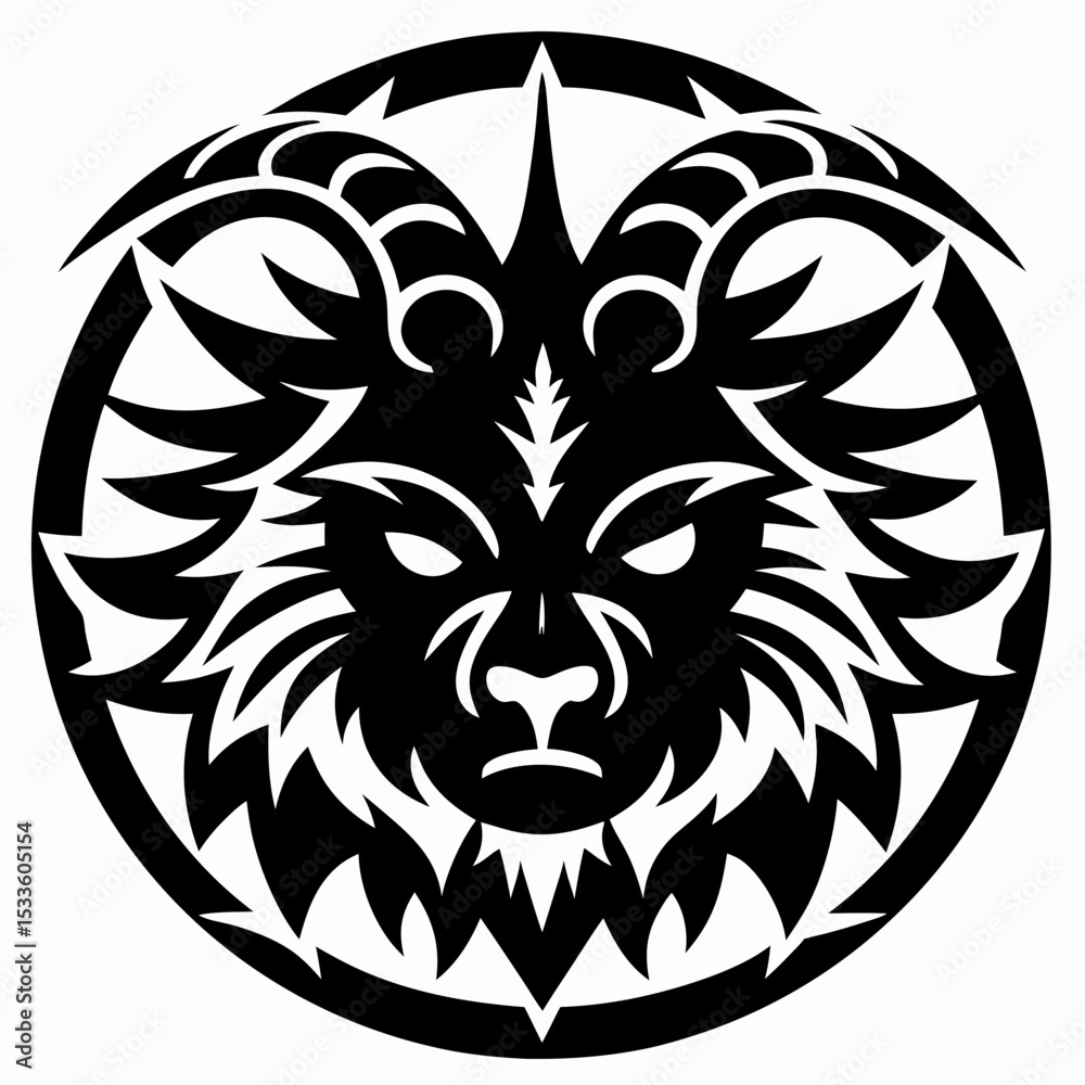 Fototapeta premium Manticore Head Tattoo Design Spiked Mane & Horns