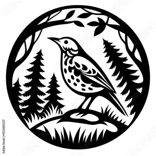 Stylized Wood Thrush Bird Illustration
