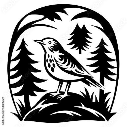 Stylized Wood Thrush Bird Illustration