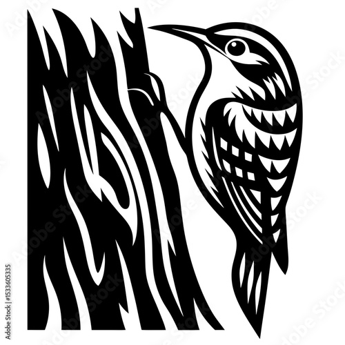 Tree Creeper Bird on Bark Tree Trunk Illustration