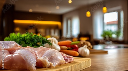 Raw chicken on wooden cutting board with fresh herbs and kitchen tools, food preparation and cooking safety concept for culinary and restaurant industry.