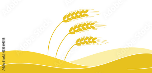 Three wheat stalks over yellow rolling hills