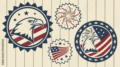 Patriotic emblems featuring eagles flags and fireworks arranged on a wooden background surface design