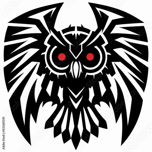 Cybernetic Tribal Owl with Glowing Red Eyes
