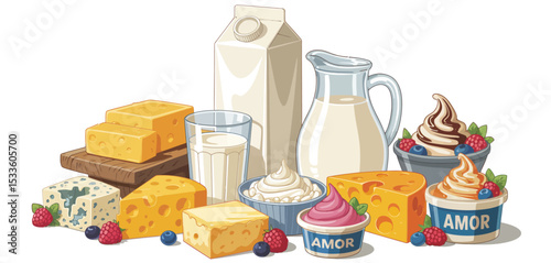 Assortment of dairy products with berries