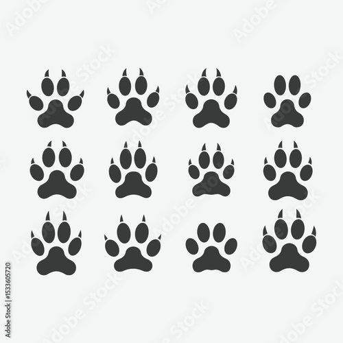 A clean collection of 12 dark gray paw print vector silhouettes in grid format. Perfect for icons, pet graphics, animal ID, or symbolic designs. Simple, illustrative, and high-contrast.