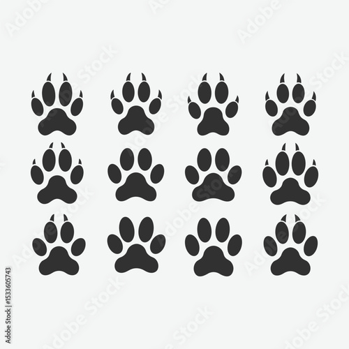 A clean collection of 12 dark gray paw print vector silhouettes in grid format. Perfect for icons, pet graphics, animal ID, or symbolic designs. Simple, illustrative, and high-contrast.