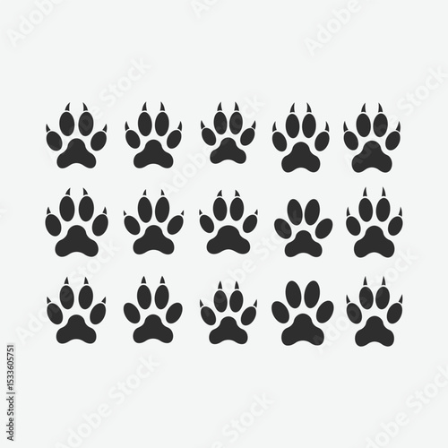A clean collection of 12 dark gray paw print vector silhouettes in grid format. Perfect for icons, pet graphics, animal ID, or symbolic designs. Simple, illustrative, and high-contrast.