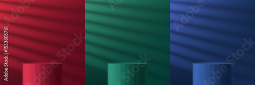 Set of 3D dark red, green, blue cylindrical podium with window light and shadow background. Minimalist mockup pedestal, Abstract product display presentation, Stage showcase. Platforms vector design.