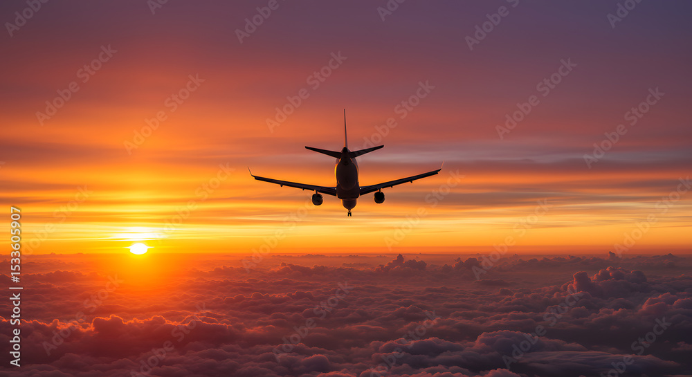 Airplane Silhouette Against a Dramatic Sunset Sky Airplane Silhouette Against a Dramatic Sunset Sky