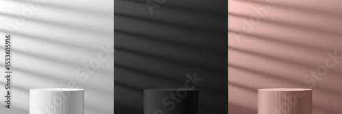 Set of silver, black and pink gold realistic 3D cylindrical podium background with window lighting on wall scene. Minimalist mockup pedestal, abstract product display presentation, Stage showcase.