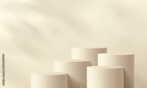 Realistic cream 3D cylindrical podium background with natural light, leaf shadow wall scene. Abstract minimalist mockup, Product display presentation, Stage showcase. Platforms vector geometric design