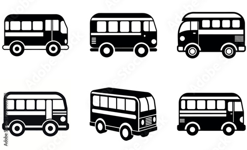 Black and White Six Cartoon Buses with Various Design Details and Window Shapes