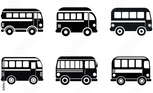 Black and White Featuring Six Different Bus Icon Variations on a White Background