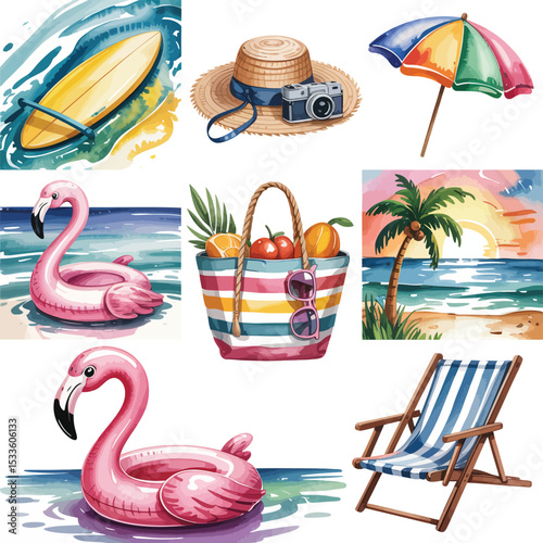 Summer vacation watercolor illustrations collection