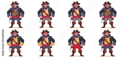 Eight cartoon pirate character poses for animation