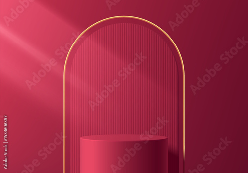 Dark pink 3D cylindrical podium with arch golden frames backdrop scene. Minimalist mockup pedestal, Abstract cosmetic stand product display presentation, Stage for showcase. Platforms vector design.