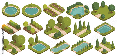 Isometric landscape design elements for parks and gardens