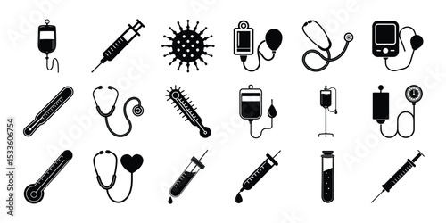 Medical Equipment Silhouette Icon Set , Syringe, Thermometer, Stethoscope, Blood Bag, and Healthcare Tools

