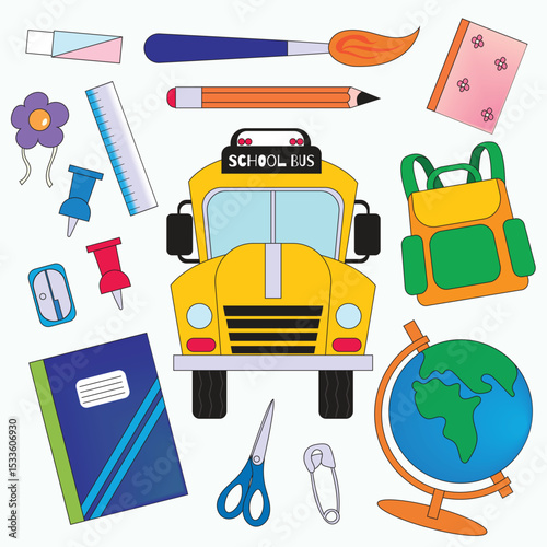 Colorful flat vector set of school-related elements including school bus, globe, notebook, pencil, backpack, and stationery. Great for educational illustrations, posters, or digital resources.