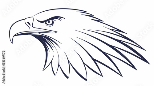 Detailed line drawing of an eagle head in profile with sharp features and focused gaze in monochrome style