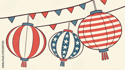 Festive patriotic lanterns and bunting decorations hanging for a celebratory occasion design drawing