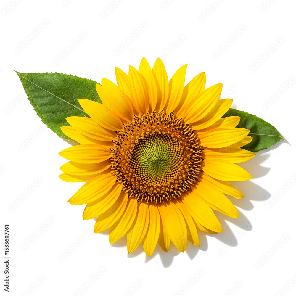 Obraz premium Single Sunflower Bloom with Green Leaf on White yellow sunflower