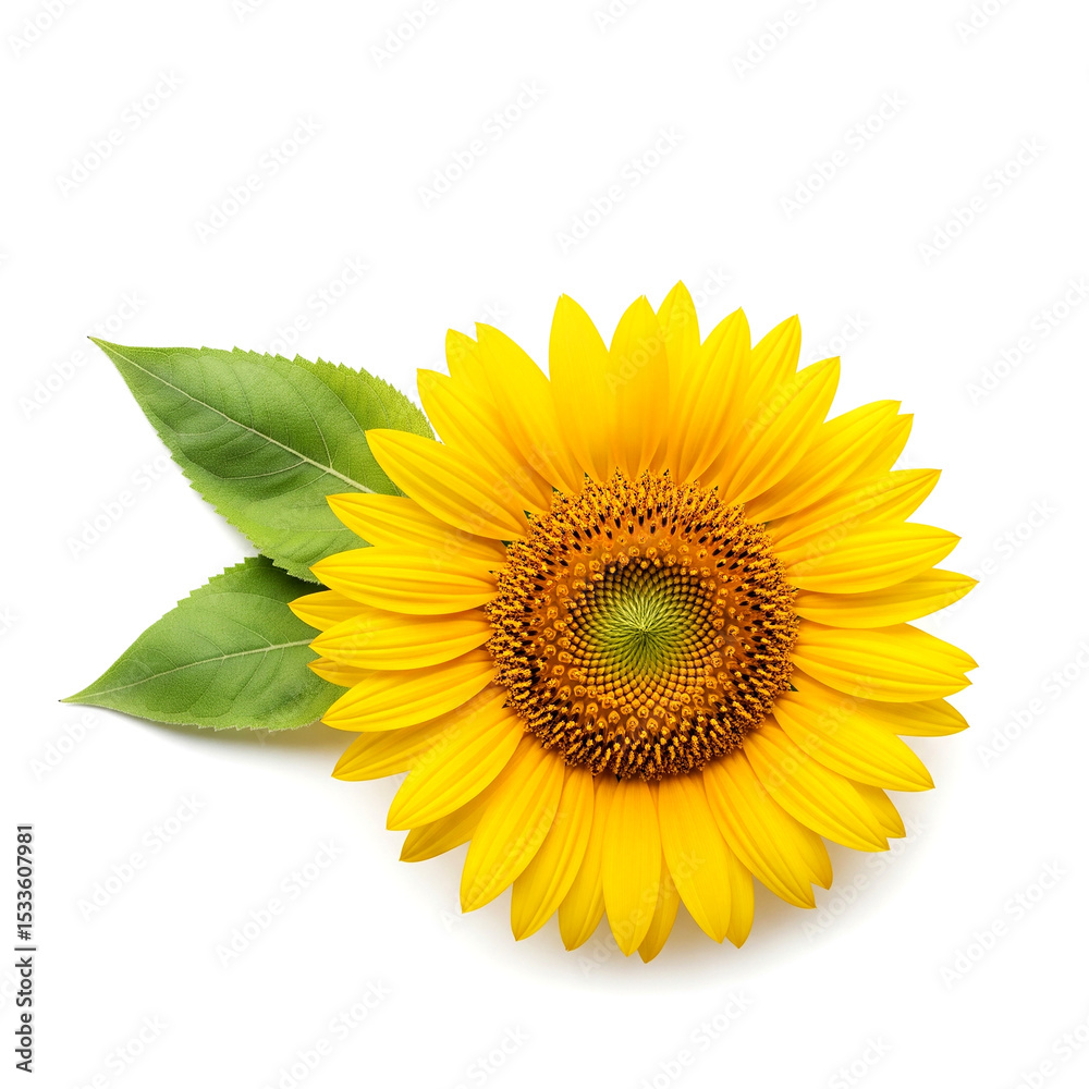Fototapeta premium Single Sunflower Blossom with Green Leaves White Background