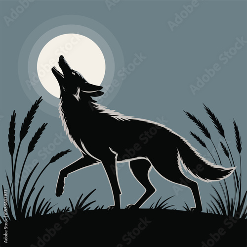 Wolf howling at the moon silhouette in the night