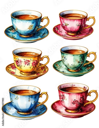 Tea cups with saucers set of watercolor illustration. Vintage porcelain.