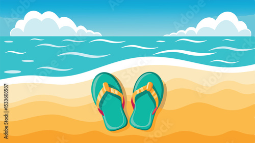 Beach scene with flip-flops on sand with blue ocean and summer sky