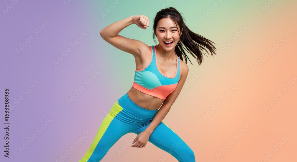 Obraz premium Energetic young Asian woman striking a dynamic pose in a colorful geometric pattern jumpsuit and green sneakers against a studio background, representing fitness and movement.