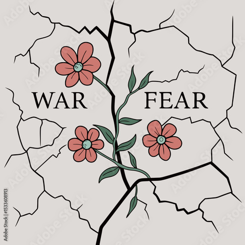 Illustration of a cracked wall with words like war, fear, and loss, symbolising conflict and trauma, World Refugee Day