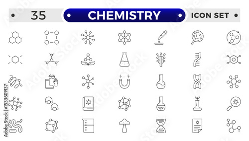 Chemistry outline icon set. Containing beaker, experiment, microscope, test tube, laboratory, molecule and more. Line vector icons collection.