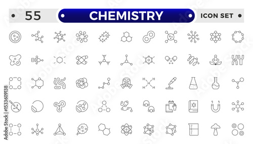 Chemistry outline icon set. Containing beaker, experiment, microscope, test tube, laboratory, molecule and more. Line vector icons collection.
