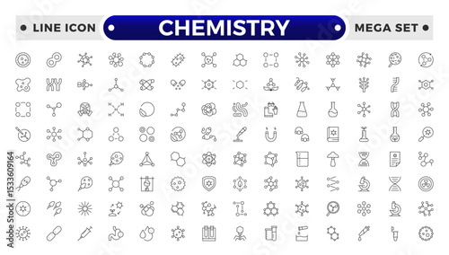 Chemistry outline icon set. Containing beaker, experiment, microscope, test tube, laboratory, molecule and more. Line vector icons collection.