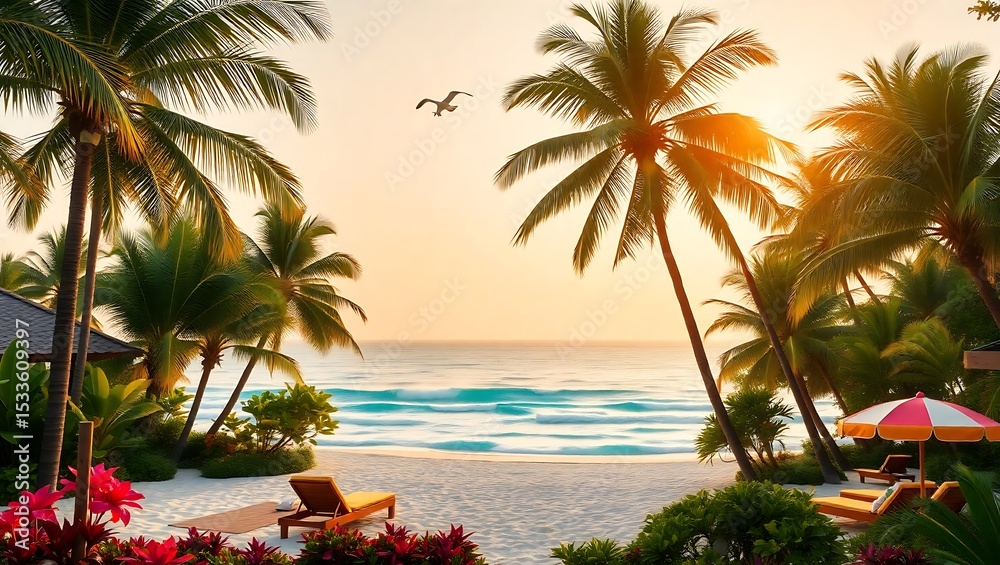 Fototapeta premium Tranquil sunset on tropical beach with palm trees