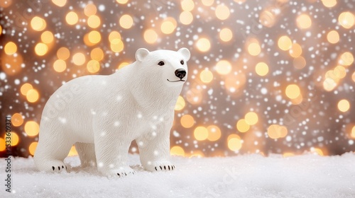 A white polar bear stands on snow with soft golden bokeh lights in the background, creating a festive, wintry scene.