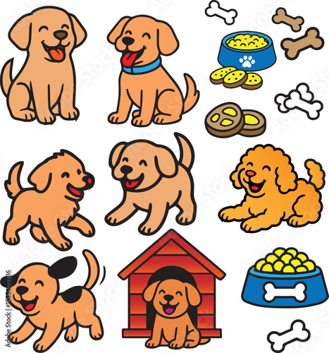Dog Vector Sheet featuring house dogs, dog foods, meat slices, and colorful cut dog illustrations. Fully editable elements, perfect for pet ads, food packaging, and animal-themed designs.