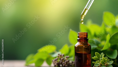 Close-up of pipette with herbal tincture over amber bottle with liquid on natural green background of medicinal herbs. Phytotherapy concept